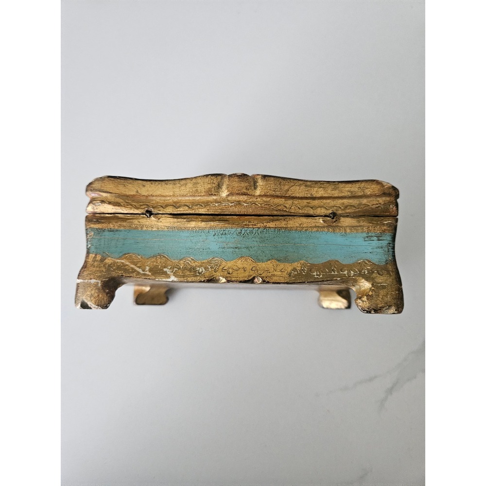 Florentine Jewelry Box Women OS Turquoise Gold Good Italian Wood Gilt Footed VTG - Picture 5 of 8